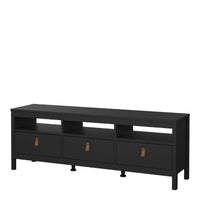 Thumbnail for Traditional Matt Black 3 Drawer TV Unit With Brown Leather Tab Handles