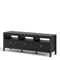 Thumbnail for Traditional Matt Black 3 Drawer TV Unit With Brown Leather Tab Handles