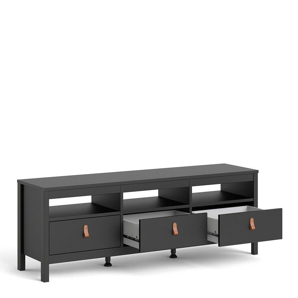 Traditional Matt Black 3 Drawer TV Unit With Brown Leather Tab Handles