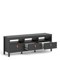 Thumbnail for Traditional Matt Black 3 Drawer TV Unit With Brown Leather Tab Handles