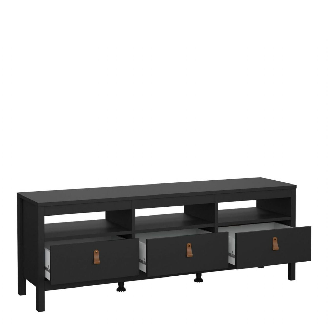 Traditional Matt Black 3 Drawer TV Unit With Brown Leather Tab Handles