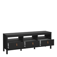 Thumbnail for Traditional Matt Black 3 Drawer TV Unit With Brown Leather Tab Handles