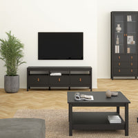 Thumbnail for Traditional Matt Black 3 Drawer TV Unit With Brown Leather Tab Handles