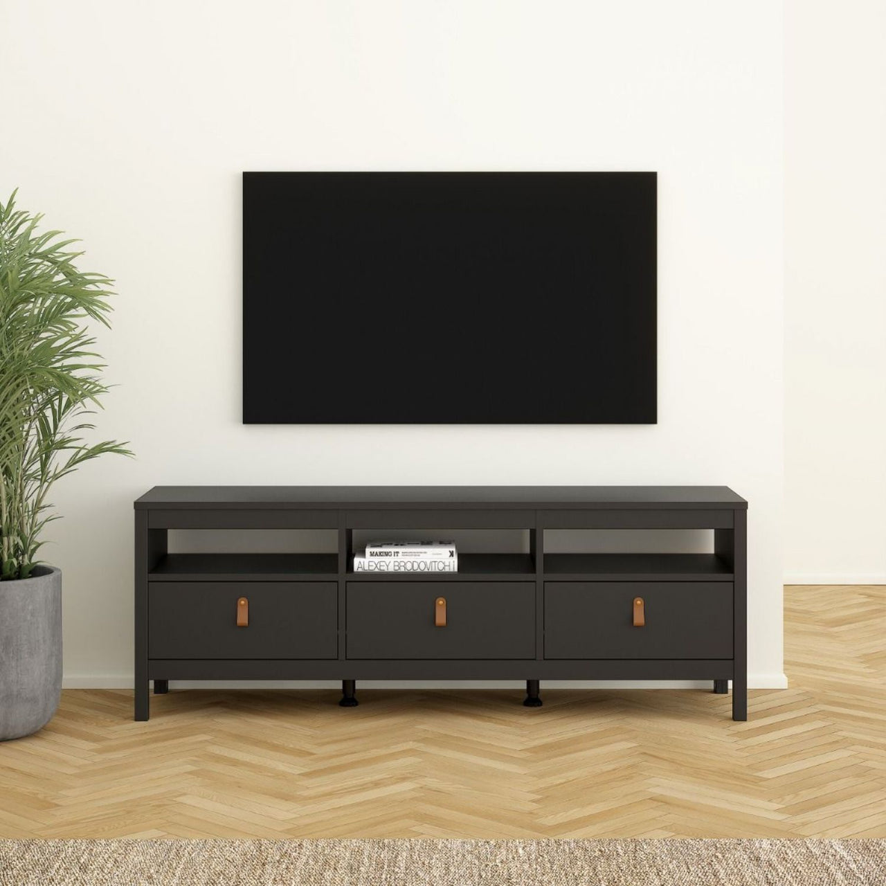 Traditional Matt Black 3 Drawer TV Unit With Brown Leather Tab Handles