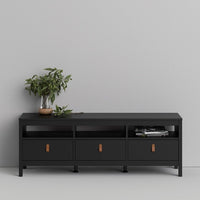 Thumbnail for Traditional Matt Black 3 Drawer TV Unit With Brown Leather Tab Handles