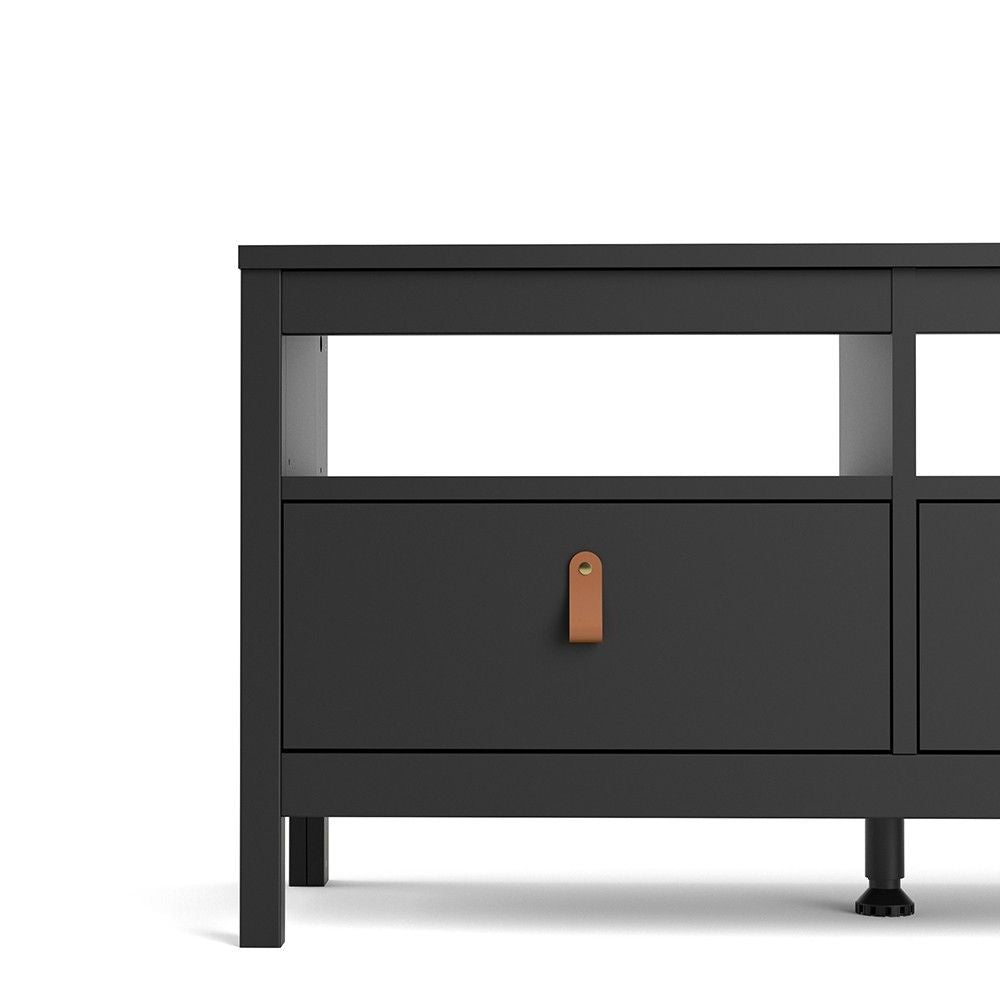 Traditional Matt Black 3 Drawer TV Unit With Brown Leather Tab Handles