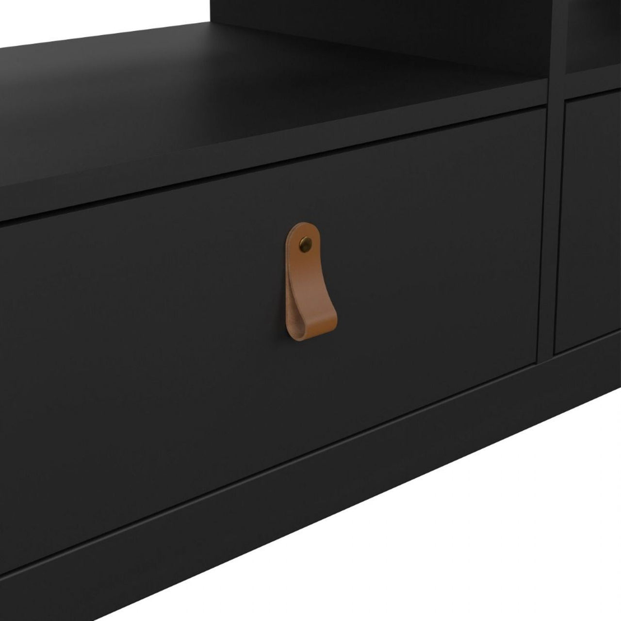 Traditional Matt Black 3 Drawer TV Unit With Brown Leather Tab Handles