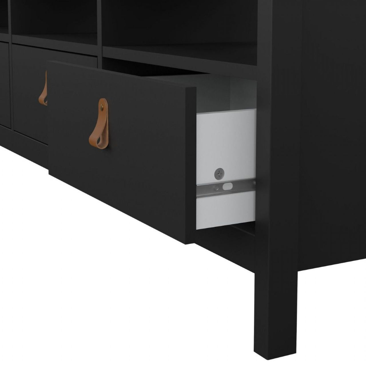 Traditional Matt Black 3 Drawer TV Unit With Brown Leather Tab Handles