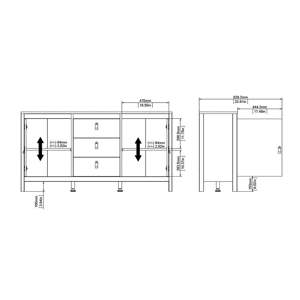 Wide White 2 Door 3 Drawer Sideboard With Brown Leather Tab Handles