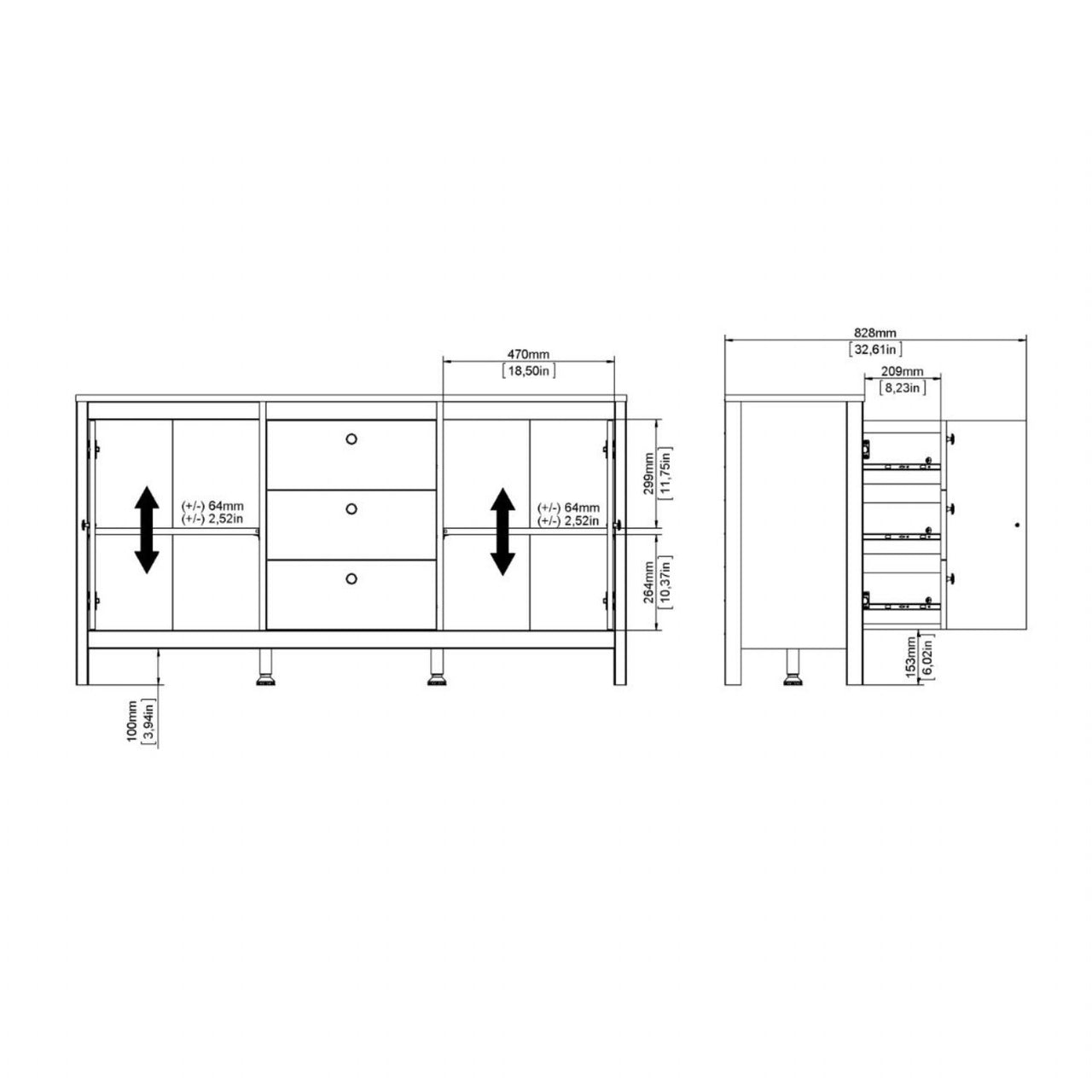 Wide White 2 Door 3 Drawer Sideboard With Brown Leather Tab Handles