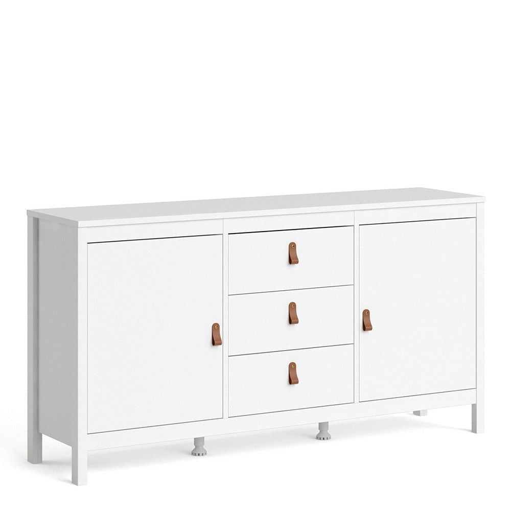 Wide White 2 Door 3 Drawer Sideboard With Brown Leather Tab Handles