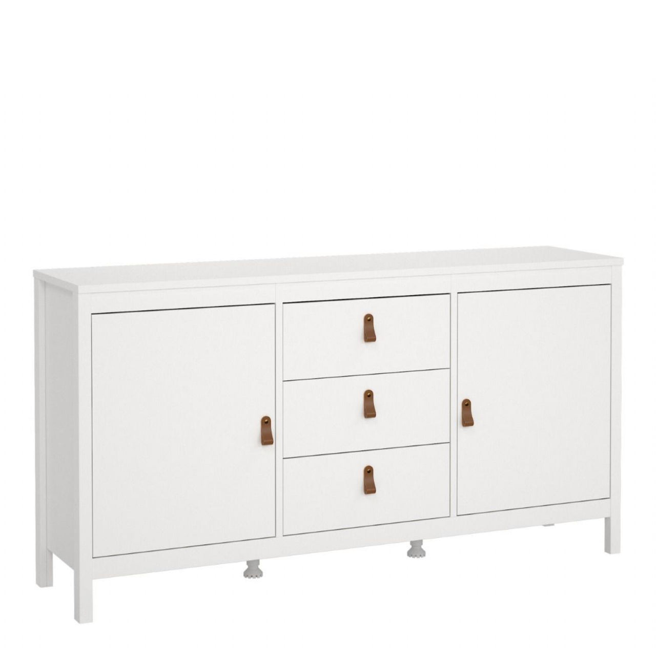 Wide White 2 Door 3 Drawer Sideboard With Brown Leather Tab Handles