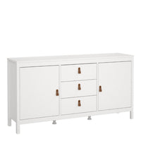 Thumbnail for Wide White 2 Door 3 Drawer Sideboard With Brown Leather Tab Handles