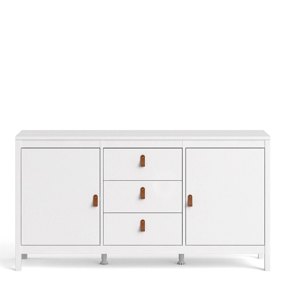 Wide White 2 Door 3 Drawer Sideboard With Brown Leather Tab Handles