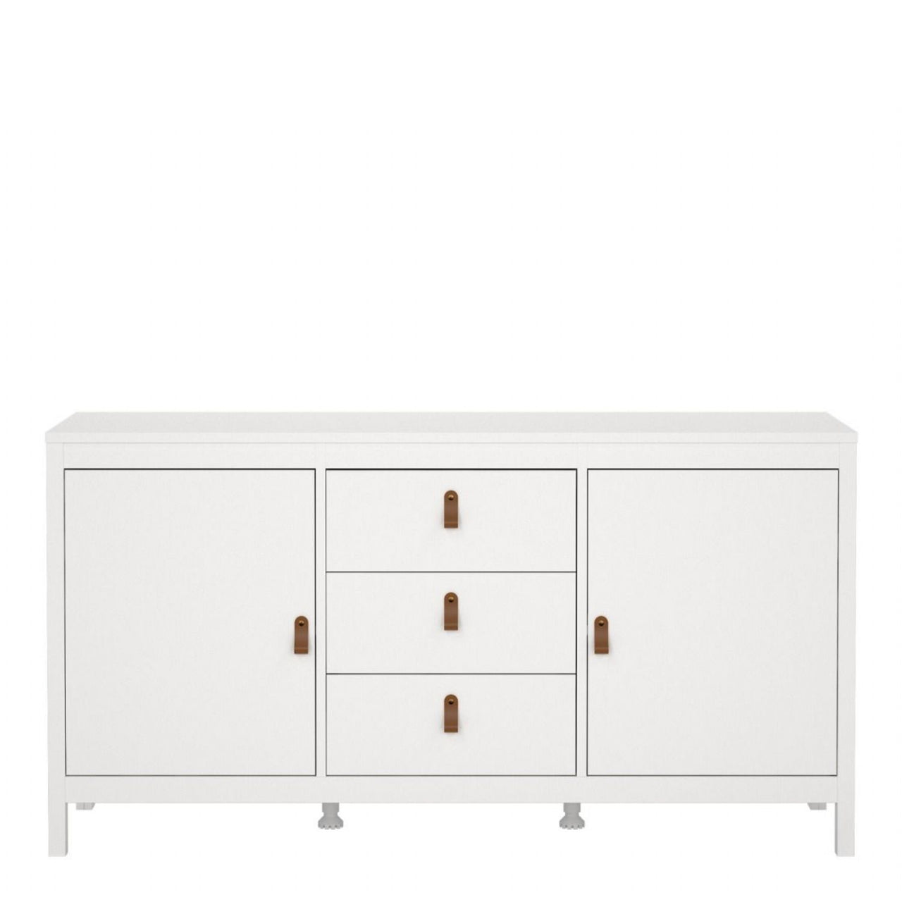 Wide White 2 Door 3 Drawer Sideboard With Brown Leather Tab Handles