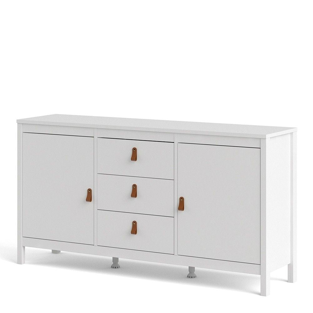 Wide White 2 Door 3 Drawer Sideboard With Brown Leather Tab Handles