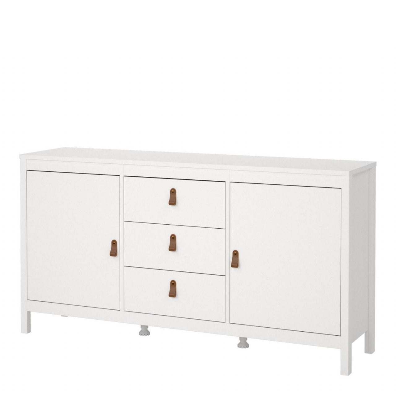 Wide White 2 Door 3 Drawer Sideboard With Brown Leather Tab Handles