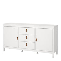 Thumbnail for Wide White 2 Door 3 Drawer Sideboard With Brown Leather Tab Handles