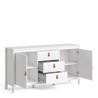 Thumbnail for Wide White 2 Door 3 Drawer Sideboard With Brown Leather Tab Handles