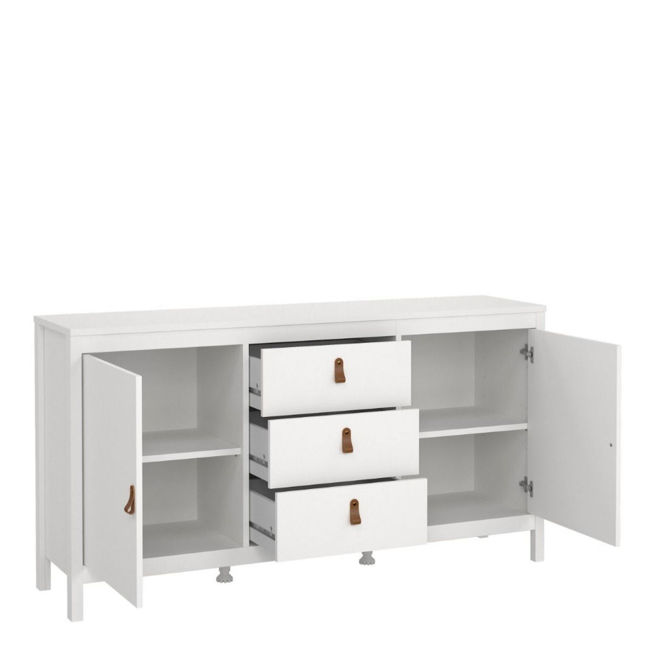 Wide White 2 Door 3 Drawer Sideboard With Brown Leather Tab Handles