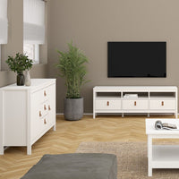 Thumbnail for Wide White 2 Door 3 Drawer Sideboard With Brown Leather Tab Handles