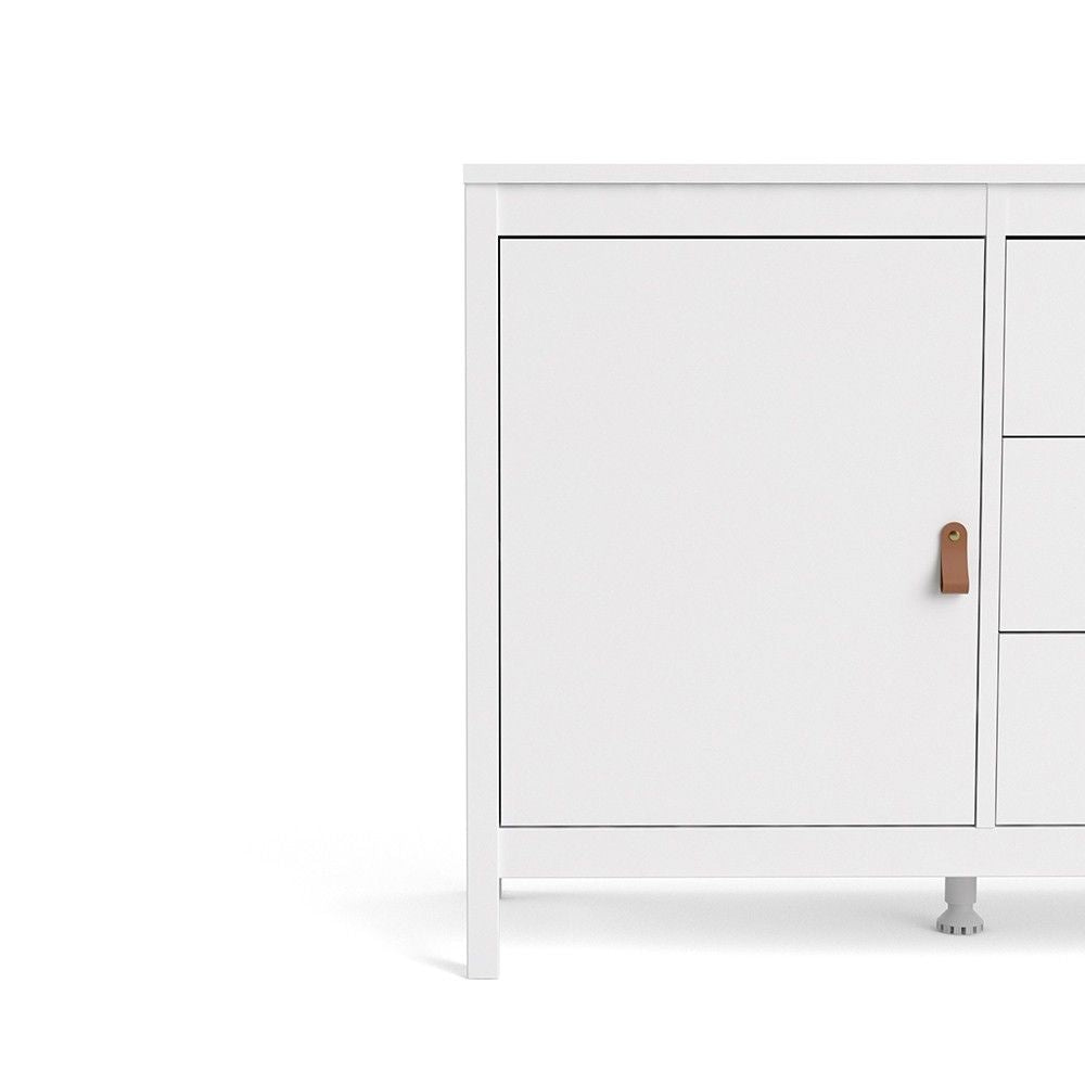 Wide White 2 Door 3 Drawer Sideboard With Brown Leather Tab Handles