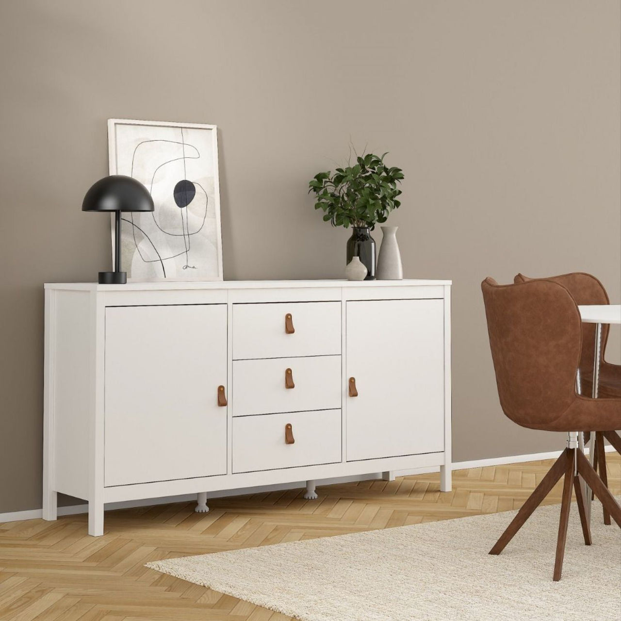 Wide White 2 Door 3 Drawer Sideboard With Brown Leather Tab Handles