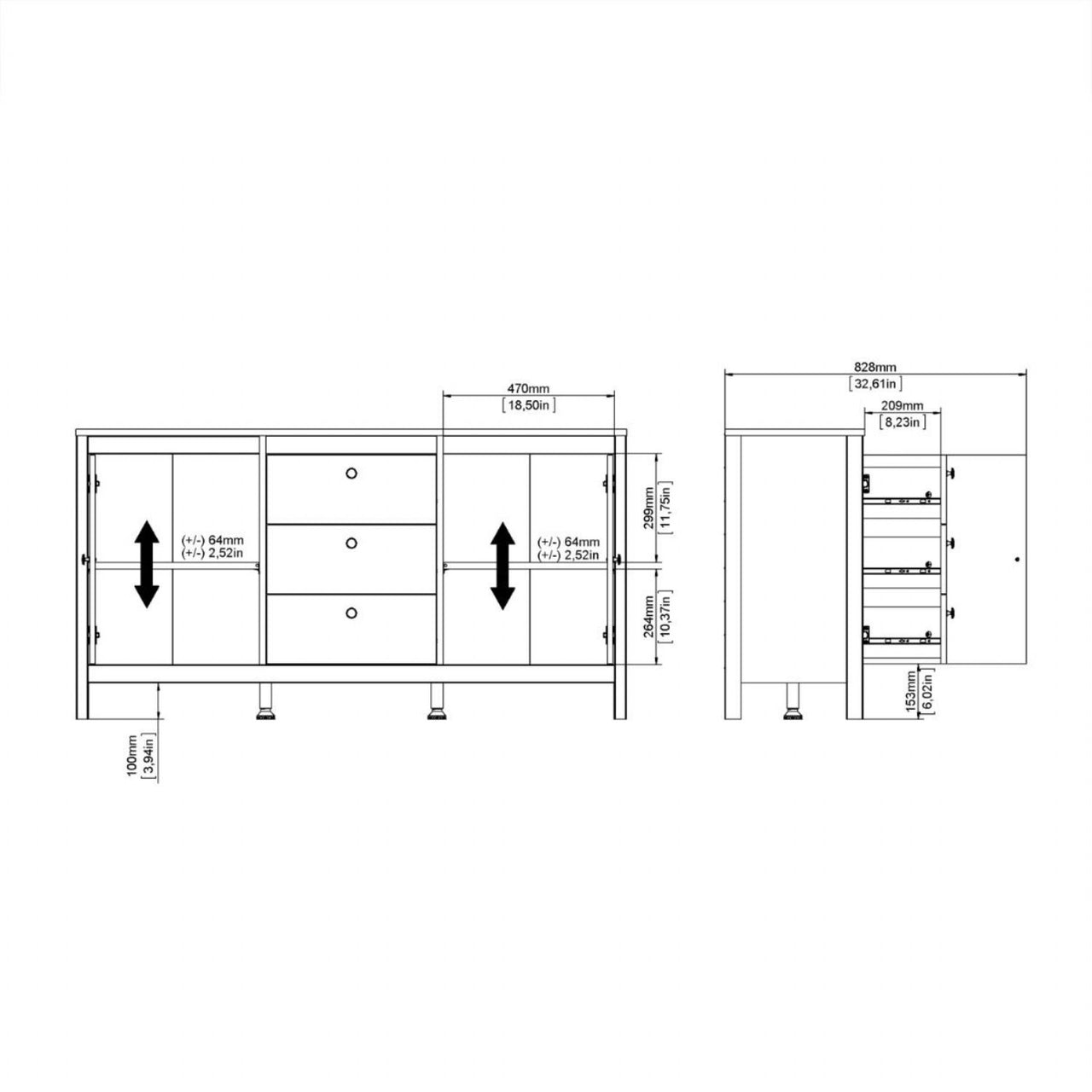 Matt Black 2 Door And 3 Drawer Sideboard With Leather Tab Handles