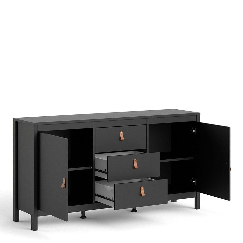 Matt Black 2 Door And 3 Drawer Sideboard With Leather Tab Handles