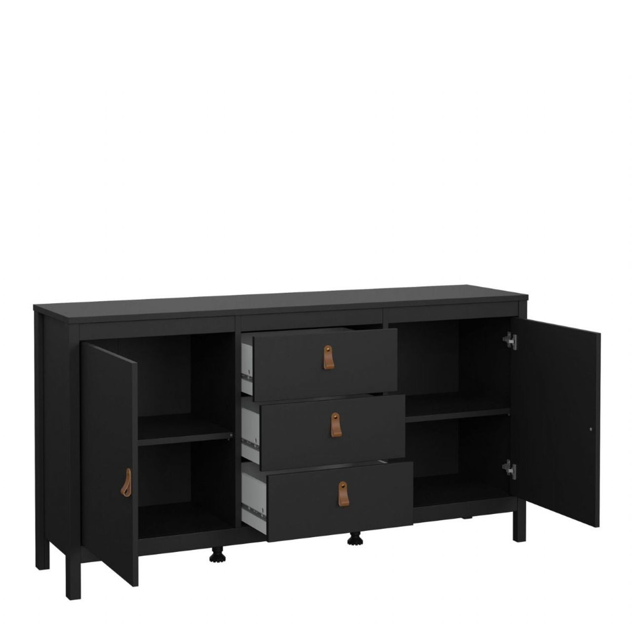 Matt Black 2 Door And 3 Drawer Sideboard With Leather Tab Handles