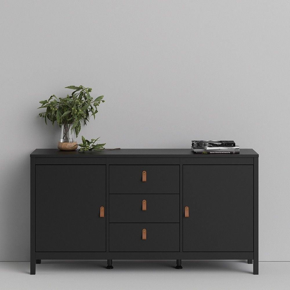 Matt Black 2 Door And 3 Drawer Sideboard With Leather Tab Handles