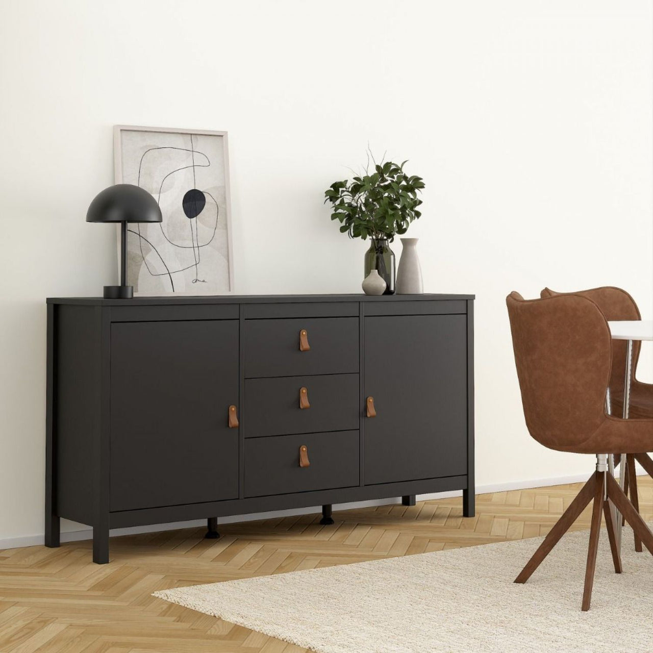 Matt Black 2 Door And 3 Drawer Sideboard With Leather Tab Handles