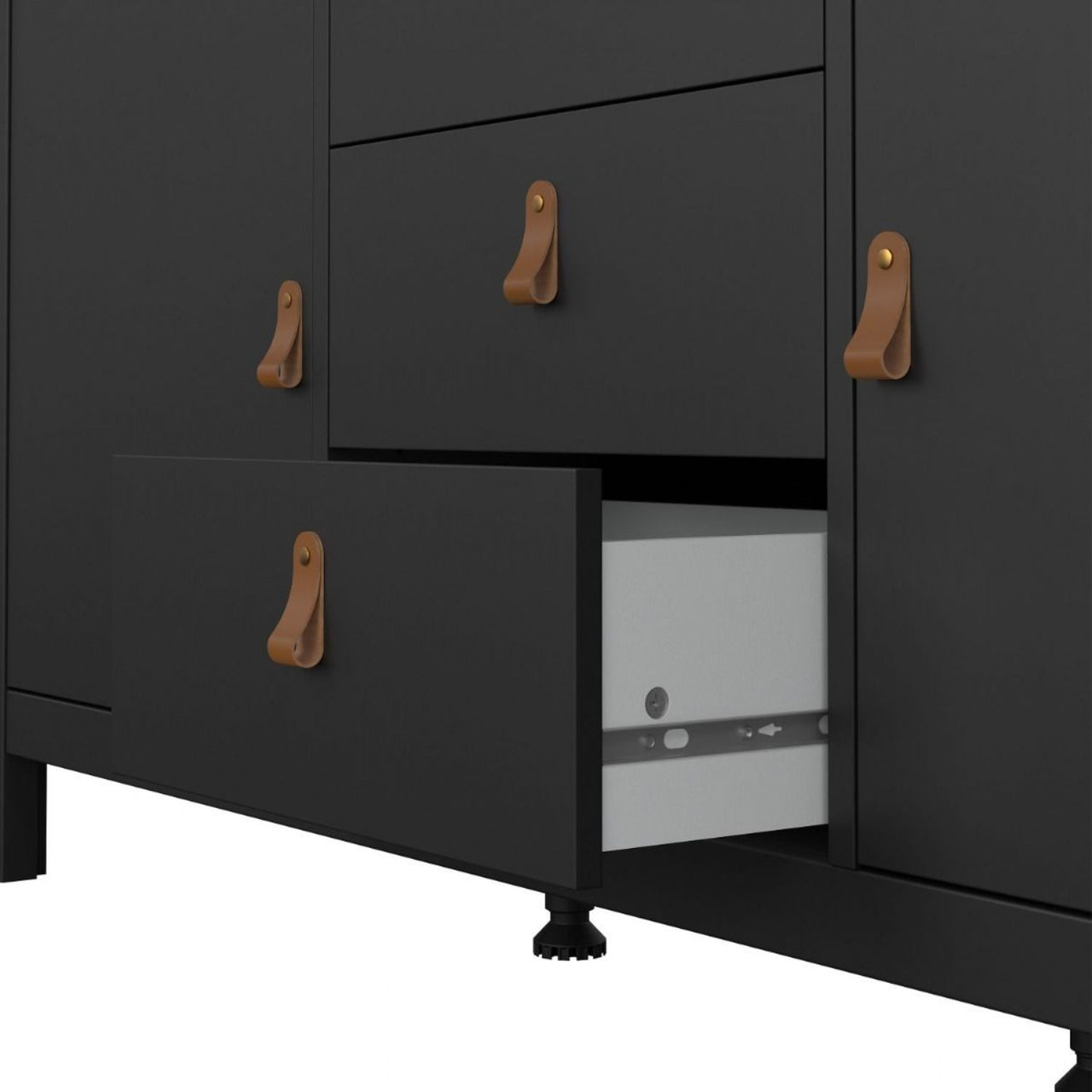 Matt Black 2 Door And 3 Drawer Sideboard With Leather Tab Handles