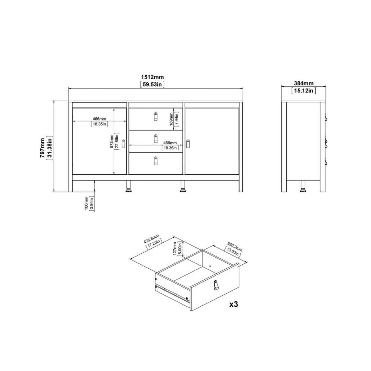 Barcelona Sideboard 2 Doors + 3 Drawers in Jackson Hickory Oak