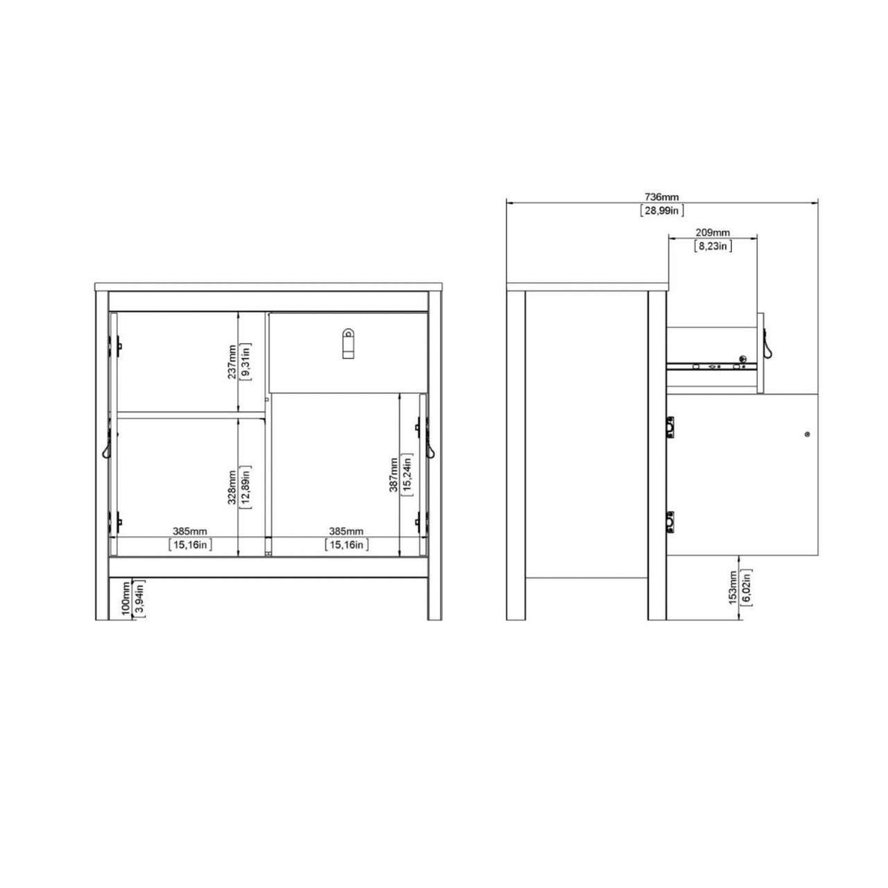 White 2 Door and 1 Drawer Sideboard With Brown Leather Tab Handles