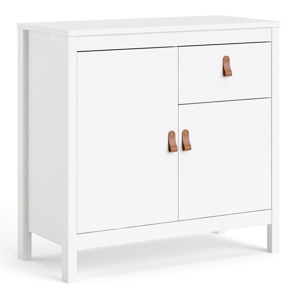 White 2 Door and 1 Drawer Sideboard With Brown Leather Tab Handles