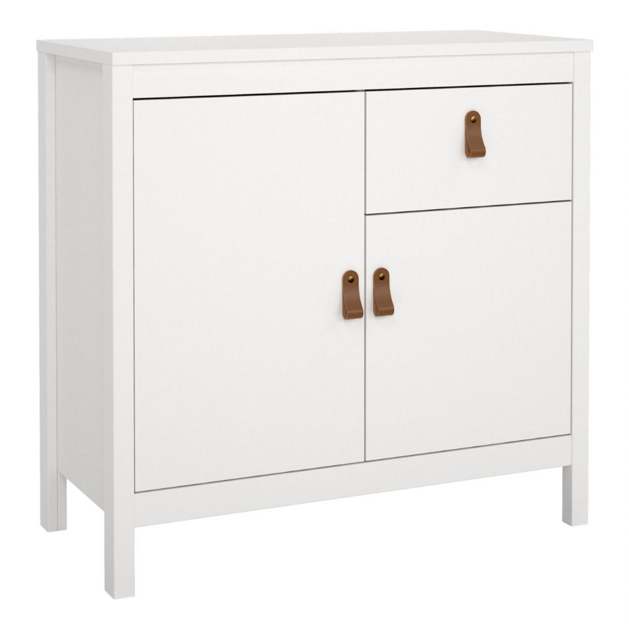 White 2 Door and 1 Drawer Sideboard With Brown Leather Tab Handles