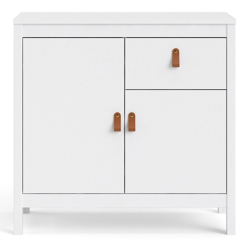 White 2 Door and 1 Drawer Sideboard With Brown Leather Tab Handles