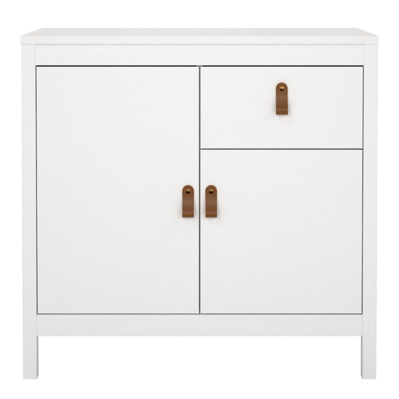 White 2 Door and 1 Drawer Sideboard With Brown Leather Tab Handles