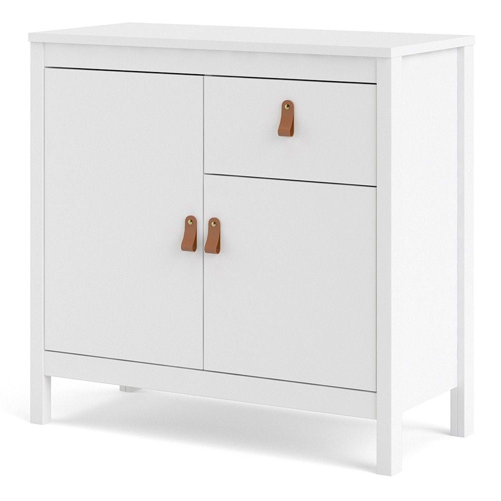 White 2 Door and 1 Drawer Sideboard With Brown Leather Tab Handles