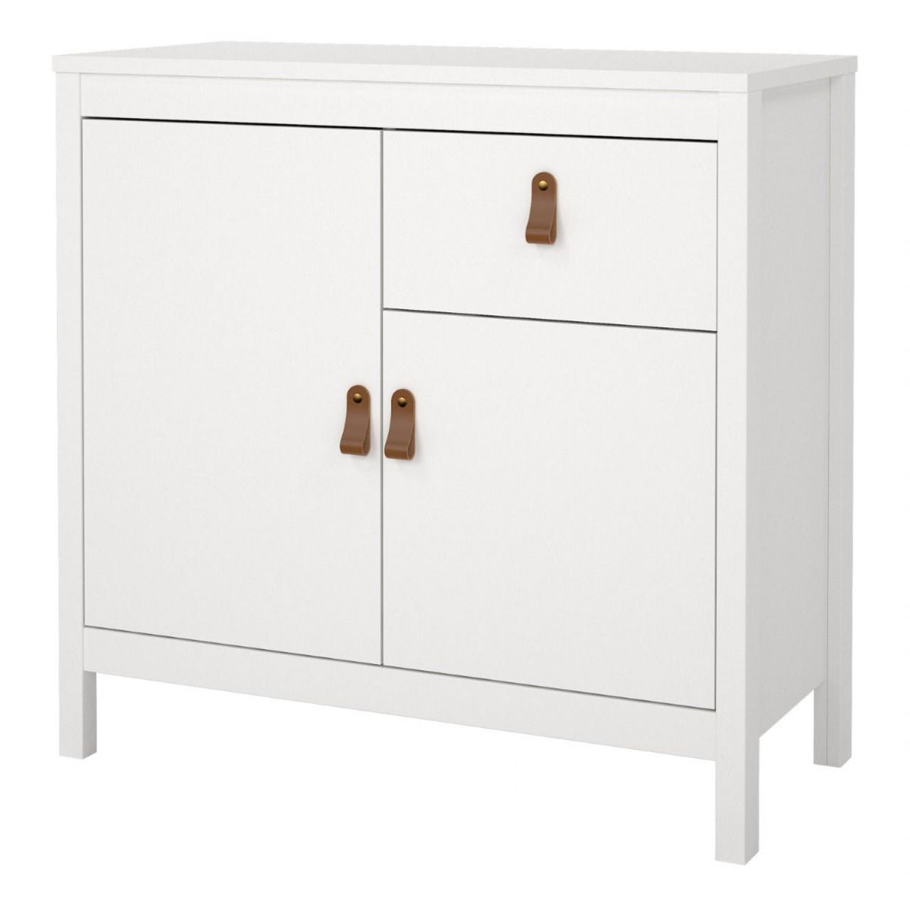 White 2 Door and 1 Drawer Sideboard With Brown Leather Tab Handles