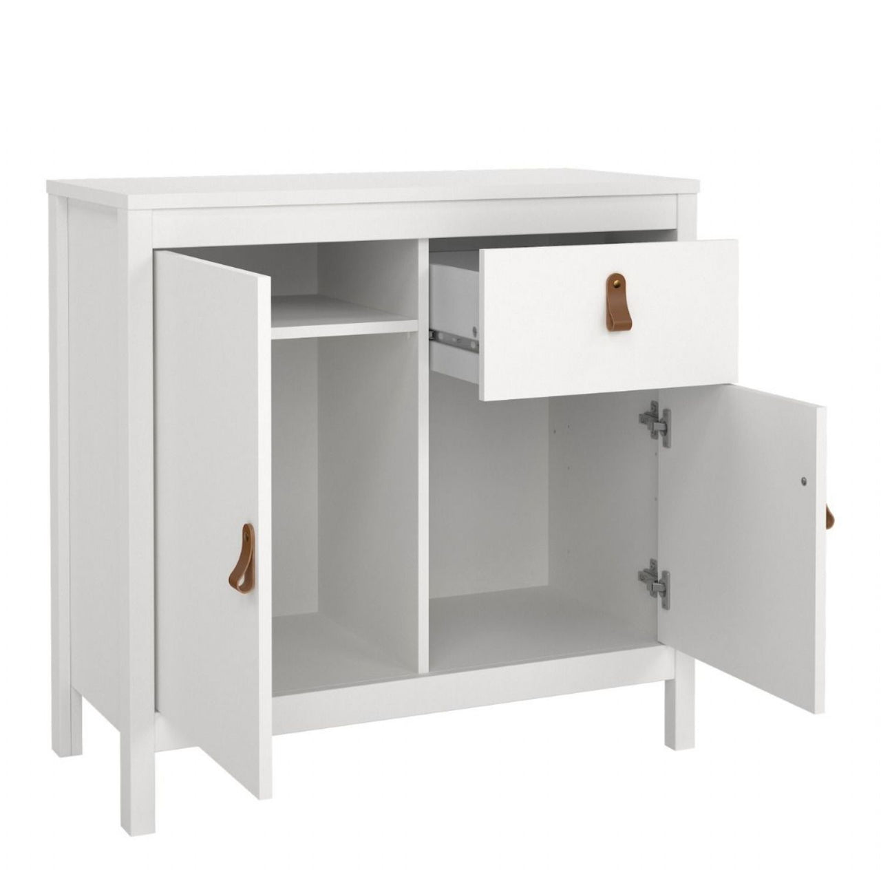 White 2 Door and 1 Drawer Sideboard With Brown Leather Tab Handles