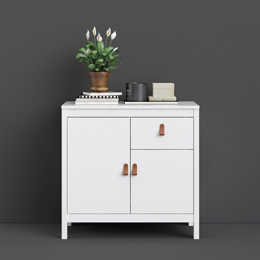 White 2 Door and 1 Drawer Sideboard With Brown Leather Tab Handles