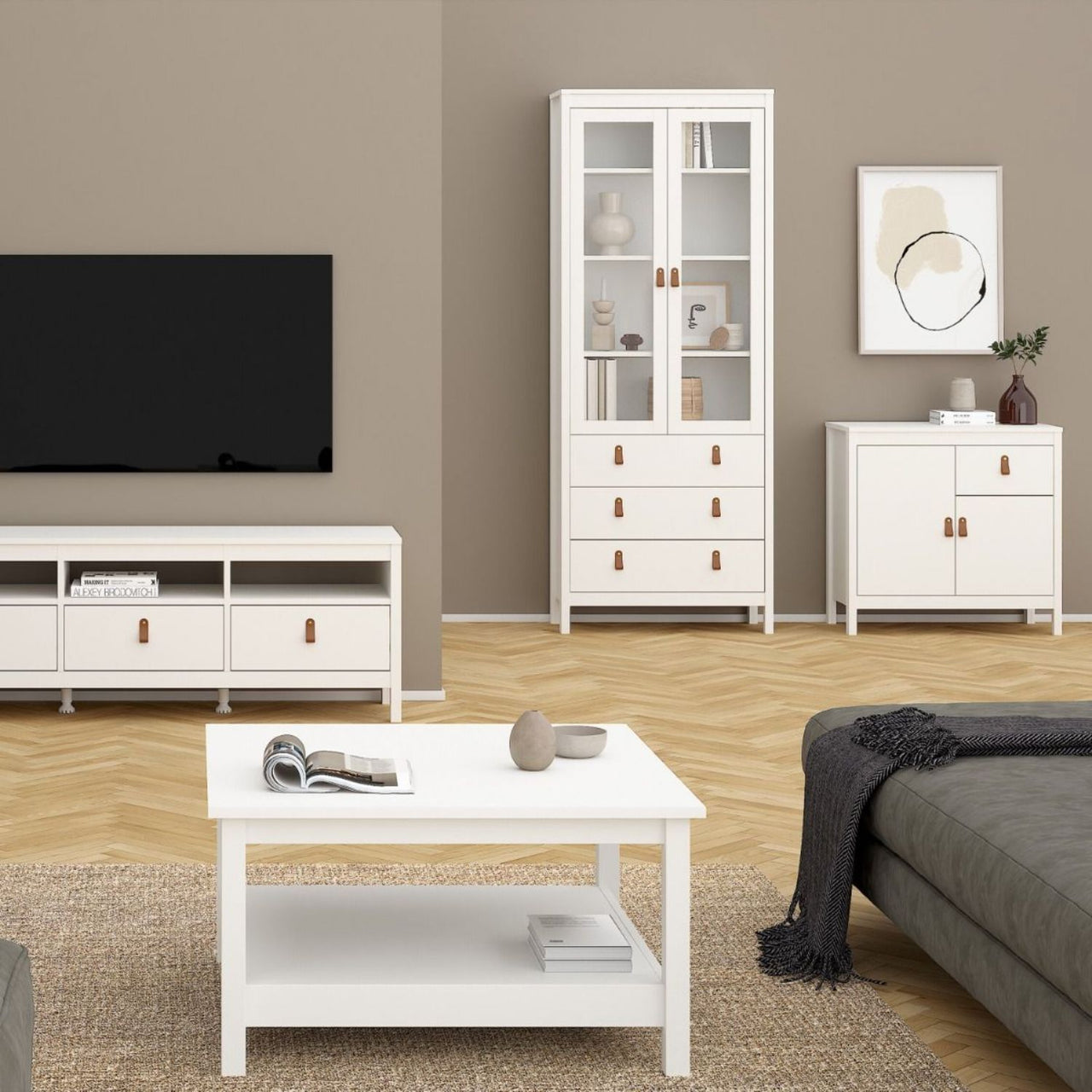 White 2 Door and 1 Drawer Sideboard With Brown Leather Tab Handles