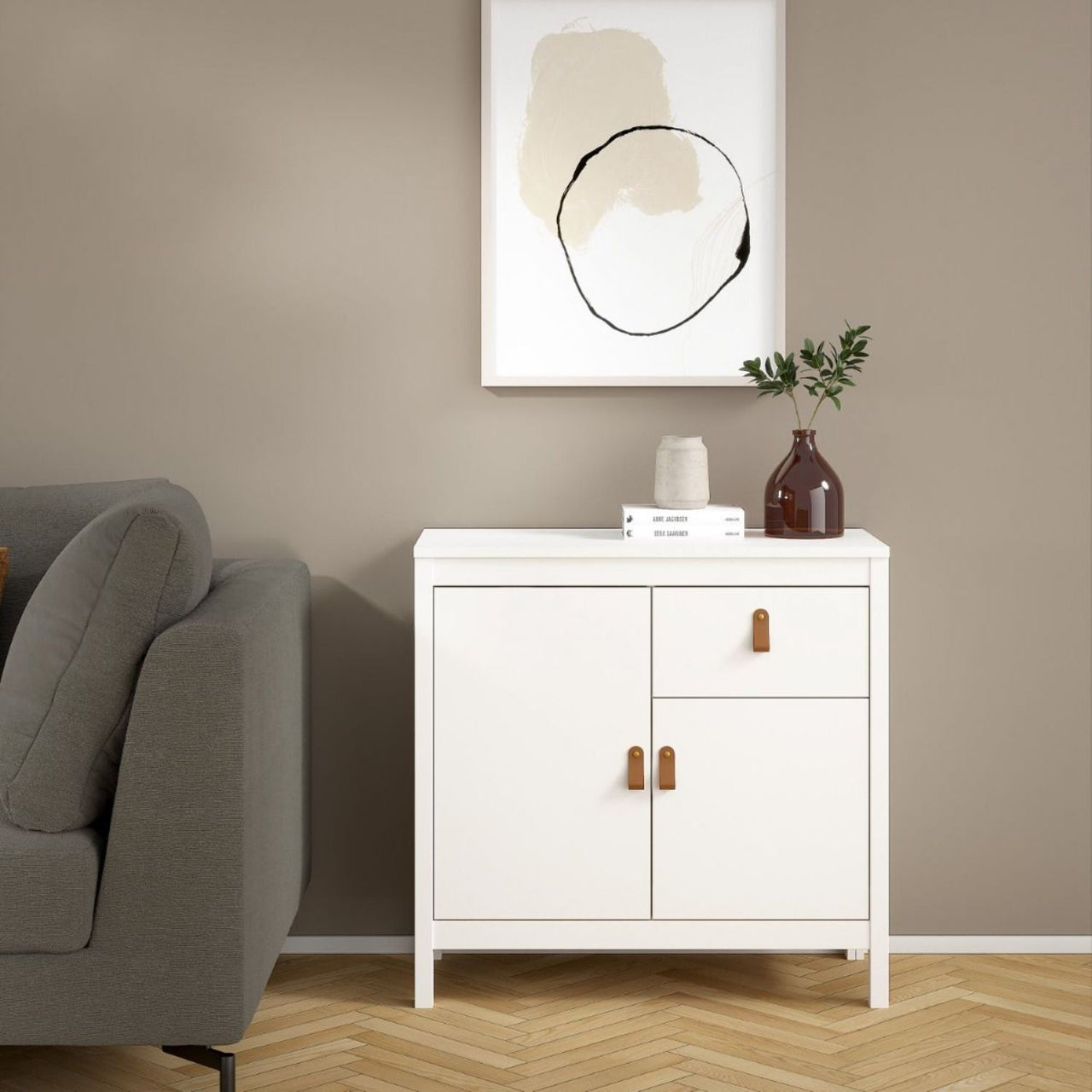 White 2 Door and 1 Drawer Sideboard With Brown Leather Tab Handles