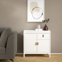 Thumbnail for White 2 Door and 1 Drawer Sideboard With Brown Leather Tab Handles