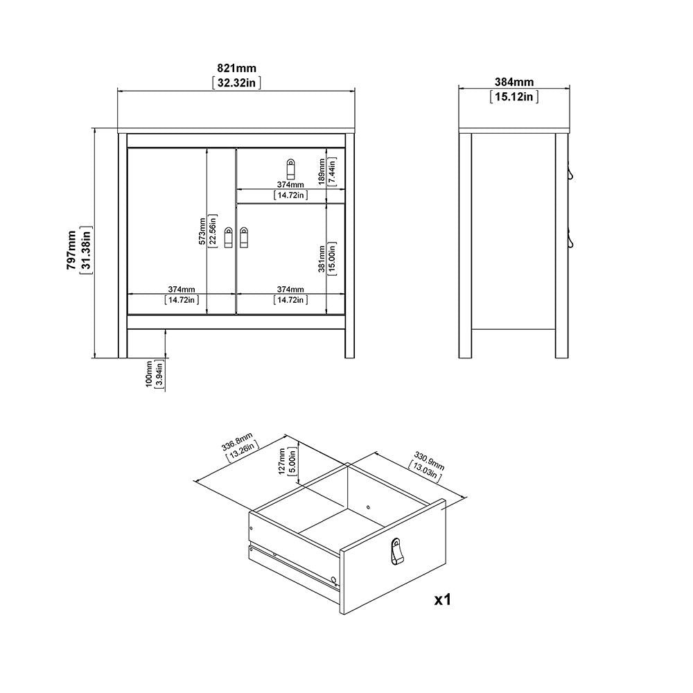 White 2 Door and 1 Drawer Sideboard With Brown Leather Tab Handles