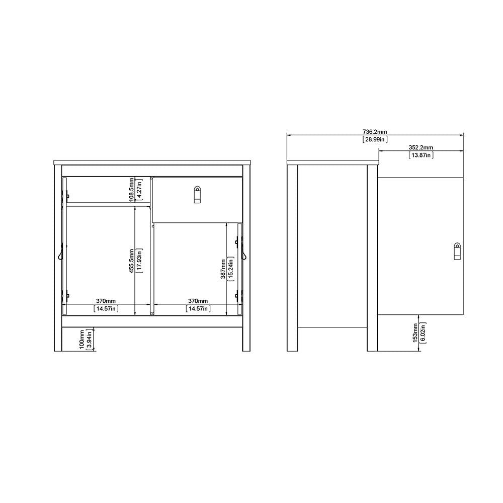 White 2 Door and 1 Drawer Sideboard With Brown Leather Tab Handles