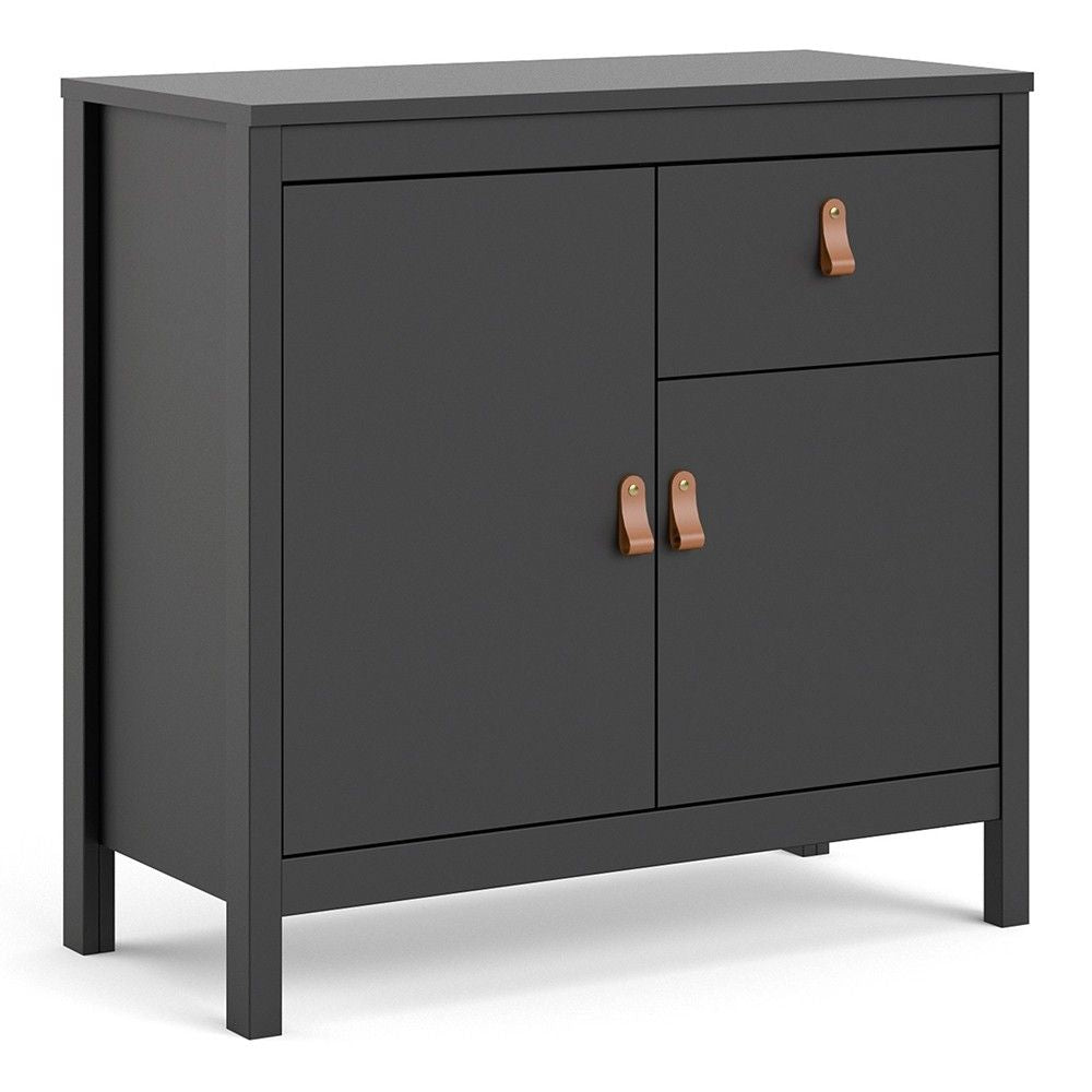 Matt Black 2 Door 1 Drawer Sideboard With Brown Leather Tab Handles