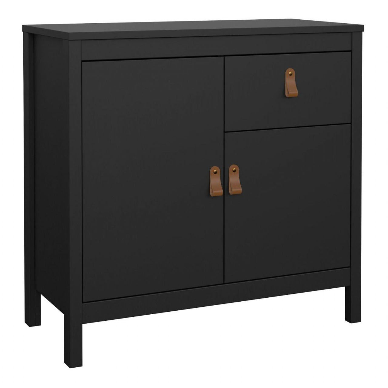 Matt Black 2 Door 1 Drawer Sideboard With Brown Leather Tab Handles